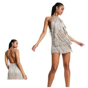 ASOS DESIGN Layered Fringe Tassel Mini Dress Chain Strap Showgirl Vibes Size 12